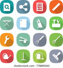 flat vector icon set - search document vector, share, abacus, ruler, iron board, cutting, stands for knives, repair tools, wrench, garlic clasp, big fork, watering can, rake, vacuum cleaner, scraper