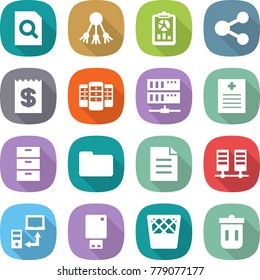 flat vector icon set - search document vector, share, report, receipt, server, recipe, archive, documents, data transfer, usb flash, trash bin