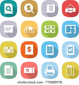flat vector icon set - search document vector, dollar arrow, shopping list, sale, atm receipt, project, panel house, plan, money, tax, clipboard, check, ticket, printer, paper towel