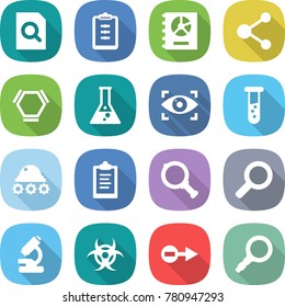 flat vector icon set - search document vector, clipboard, annual report, molecule, hex, flask, eye identity, vial, lunar rover, magnifier, microscope, biohazard, electron