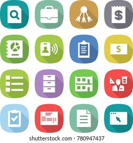 flat vector icon set - search document vector, portfolio, share, receipt, annual report, pass card, clipboard, list, archive, modular house, architector, check, invoice, browser window