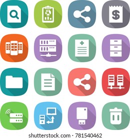 flat vector icon set - search document vector, report, share, receipt, server, recipe, archive, documents, data transfer, usb flash, trash bin