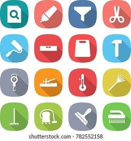 flat vector icon set - search document vector, marker, funnel, scissors, repair, level, cutting board, hammer, handle scales, soil cutter, thermometer, rake, vacuum cleaner, scraper, brush