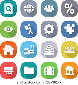 flat vector icon set - search document vector, globe, group, percent, eye, courier, gear, puzzle, home, mall, office, money, truck shipping, documents, suitcase