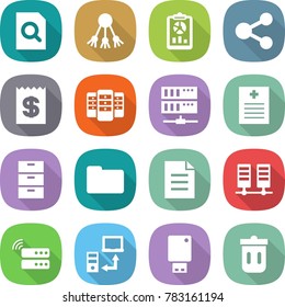 flat vector icon set - search document vector, share, report, receipt, server, recipe, archive, documents, data transfer, usb flash, trash bin