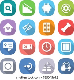 flat vector icon set - search document vector, crisis, chip, around gear, wireless home, crutch, pills blister, bone, location details, ticket, watch, power switch, ring button, photon, clean floor