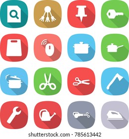 flat vector icon set - search document vector, share, pin, key, cutting board, wireless mouse, pan, saute, steam, scissors, axe, wrench, watering can, blower, iron