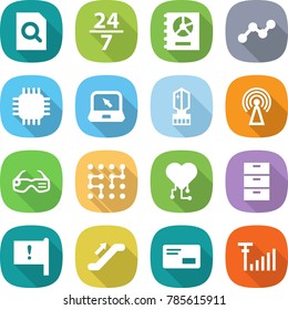flat vector icon set - search document vector, 24 7, annual report, graph, chip, notebook, crystall memory, antenna, smart glasses, cardio, archive, important flag, escalator, envelope, signal