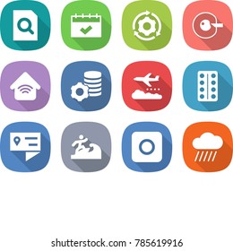 flat vector icon set - search document vector, calendar, around gear, cell corection, wireless home, virtual mining, weather management, pills blister, location details, surfer, ring button