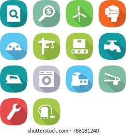 flat vector icon set - search document vector, dollar magnifier, windmill, virtual mask, dome house, tower crane, transporter tape, water tap, iron, washing machine, factory, garlic clasp, wrench