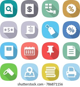flat vector icon set - search document vector, receipt, gift, percent, money, shopping list, label, copybook, calendar, pin, map, towels, printer