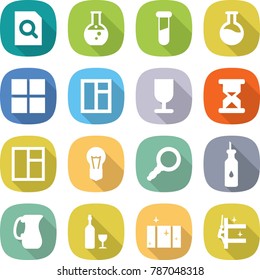 flat vector icon set - search document vector, round flask, test vial, window, fragile, sand clock, bulb, magnifier, vegetable oil, jug, wine, clean, skyscrapers cleaning