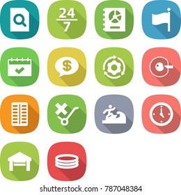 flat vector icon set - search document vector, 24 7, annual report, flag, calendar, money message, around gear, cell corection, pills blister, do not trolley sign, surfer, watch, garage