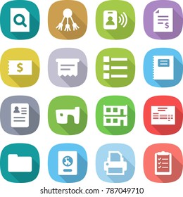 flat vector icon set - search document vector, share, pass card, account balance, receipt, atm, list, copybook, anamnesis, slum, modular house, invoice, documents, passport, printer, clipboard