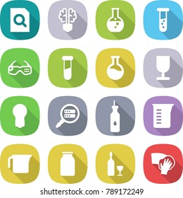 flat vector icon set - search document vector, bulb brain, round flask, vial, smart glasses, test, fragile, data, vegetable oil, measuring cup, bank, wine, wiping