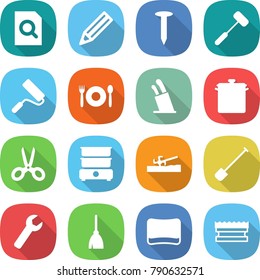 flat vector icon set - search document vector, pencil, nail, doctors hammer, repair, cafe, stands for knives, pan, scissors, double boiler, soil cutter, shovel, wrench, broom, sponge