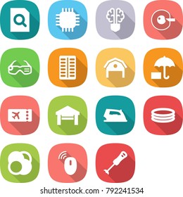 flat vector icon set - search document vector, chip, bulb brain, cell corection, smart glasses, pills blister, barn, insurance, ticket, garage, iron, inflatable pool, atom core, wireless mouse