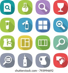 flat vector icon set - search document vector, round flask, magnifier, wineglass, test vial, potion bottle, window, cargo, coffee maker, data, vegetable oil, jug, wiping