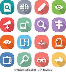 flat vector icon set - search document vector, globe, marker, eye, telescope, notebook wireless, magnifier, singlepost, plan, plane, mirror, tv, 3d glasses, pickup