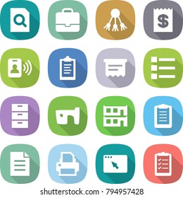 flat vector icon set - search document vector, portfolio, share, receipt, pass card, clipboard, atm, list, archive, slum, modular house, printer, browser window