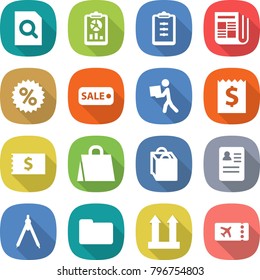 flat vector icon set - search document vector, report, clipboard, newspaper, percent, sale, courier, receipt, shopping bag, anamnesis, drawing compasses, documents, cargo top sign, ticket