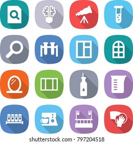 flat vector icon set - search document vector, bulb brain, telescope, vial, magnifier, test, window, arch, mirror, vegetable oil, measuring cup, spices, coffee maker, skysrcapers cleaning, wiping
