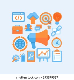 Flat vector icon set of SEO symbols, internet marketing design elements and online business signs