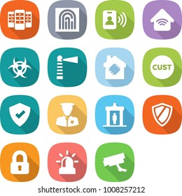flat vector icon set - server vector, fingerprint, pass card, wireless home, biohazard, lighthouse, smart house, customs, protected, security man, detector, shield, locked, alarm