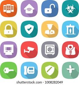 flat vector icon set - server vector, wireless home, unlock, biohazard, lock, protected, security man, detector, atm, surveillance, safe, life vest, key, intercome, shield, scarecrow