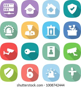 flat vector icon set - server vector, wireless home, smart house, protected, alarm, security man, detector, inspector, surveillance, key, identity card, camera, shield, unlock, siren, scarecrow