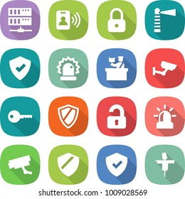 flat vector icon set - server vector, pass card, lock, lighthouse, protected, alarm, inspector, surveillance, key, shield, unlocked, camera, scarecrow