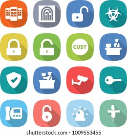 flat vector icon set - server vector, fingerprint, unlock, biohazard, lock, customs, control, protected, inspector, surveillance, key, intercome, siren, scarecrow