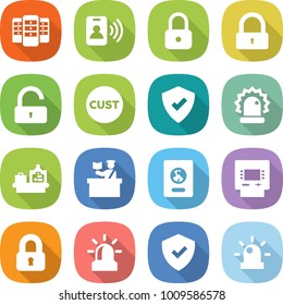 flat vector icon set - server vector, pass card, lock, unlock, customs, protected, alarm, baggage checking, inspector, passport, atm, locked, shield, siren