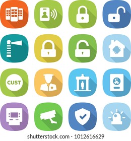 flat vector icon set - server vector, pass card, lock, unlock, lighthouse, smart house, customs, security man, detector, passport, atm, surveillance camera, shield, siren
