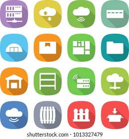 flat vector icon set - server vector, cloud service, wireless, bunker, hangare, package box, consolidated cargo, documents, warehouse, rack, barrel, grain elevator