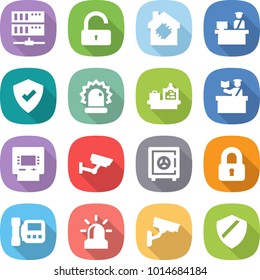 flat vector icon set - server vector, unlock, smart house, customs control, protected, alarm, baggage checking, inspector, atm, surveillance, safe, locked, intercome, camera, shield