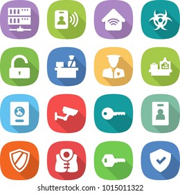 flat vector icon set - server vector, pass card, wireless home, biohazard, unlock, customs control, security man, baggage checking, passport, surveillance, key, identity, shield, life vest