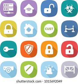 flat vector icon set - server vector, wireless home, unlock, biohazard, lock, smart house, customs, vip fence, key, shield, locked, unlocked, surveillance camera, siren, farm