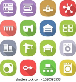 flat vector icon set - server vector, nano tube, hospital, virus, bridge, slum, garage, panel house, district, tower crane, washing machine, atom core, electron, hierarchy