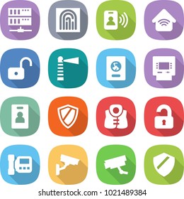 flat vector icon set - server vector, fingerprint, pass card, wireless home, unlock, lighthouse, passport, atm, identity, shield, life vest, unlocked, intercome, surveillance camera