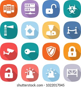 flat vector icon set - server vector, unlock, biohazard, lighthouse, smart house, security man, vip fence, surveillance, key, shield, locked, unlocked, alarm, siren, farm