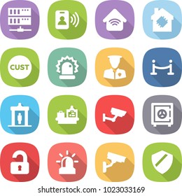 flat vector icon set - server vector, pass card, wireless home, smart house, customs, alarm, security man, vip fence, detector, baggage checking, surveillance, safe, unlocked, camera, shield