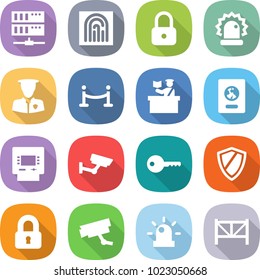 flat vector icon set - server vector, fingerprint, lock, alarm, security man, vip fence, inspector, passport, atm, surveillance, key, shield, locked, camera, siren, farm