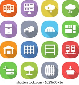 flat vector icon set - server vector, cloud service, wireless, archive, warehouse, hangare, consolidated cargo, pallet, rack, barrel, package