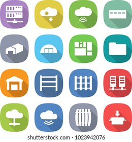 flat vector icon set - server vector, cloud service, wireless, bunker, warehouse, hangare, consolidated cargo, documents, rack, pallet, barrel, package