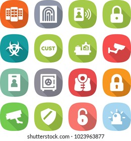 flat vector icon set - server vector, fingerprint, pass card, lock, biohazard, customs, baggage checking, surveillance, identity, safe, life vest, locked, camera, shield, unlock, siren