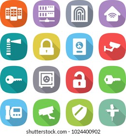 flat vector icon set - server vector, fingerprint, wireless home, lighthouse, lock, passport, surveillance, key, safe, unlocked, intercome, camera, shield, scarecrow
