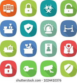 flat vector icon set - server vector, lock, biohazard, unlock, customs control, protected, alarm, vip fence, baggage checking, inspector, identity card, life vest, unlocked, key, surveillance camera