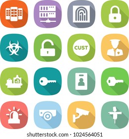 flat vector icon set - server vector, fingerprint, lock, biohazard, unlock, customs, security man, baggage checking, key, identity card, alarm, surveillance camera, scarecrow