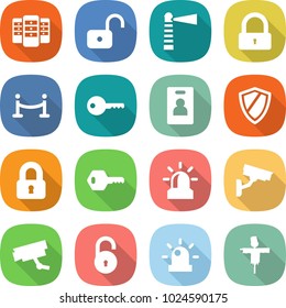 flat vector icon set - server vector, unlock, lighthouse, lock, vip fence, key, identity card, shield, locked, alarm, surveillance camera, siren, scarecrow